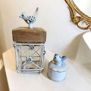 Glass Canister Bird & Bird Trinket Dish with Candle LOT Decor BOHO Garden Pretty